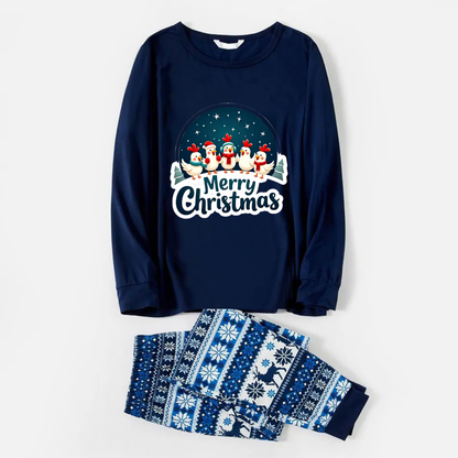 Joyful Blue Christmas Pajamas Set With Happy Chickens and "Merry Christmas" Text Print