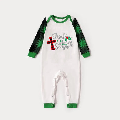 Jesus Cross Christmas Snowflake Patterned and 'Jesus Is The Reason For The Season' Letter Print Casual Long Sleeve Sweatshirts Green Contrast Tops and Black and Gren Plaid Pants Family Matching Raglan Long-sleeve Pajamas Sets