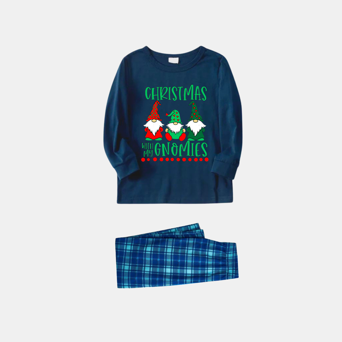 Navy & Sky Blue Plaid Christmas Pajamas Set With "Christmas With My Gnomies" Text Print