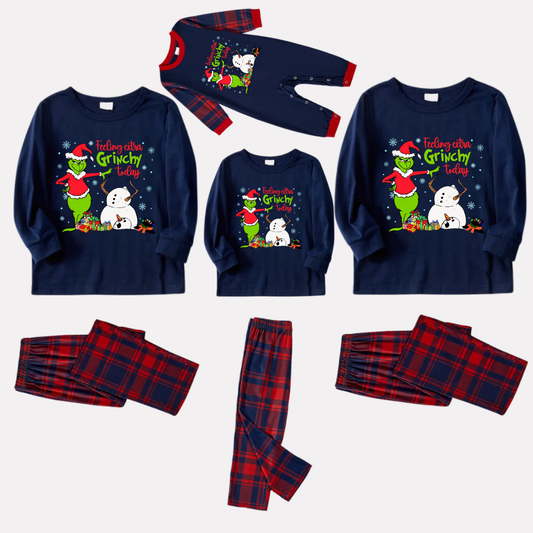 Navy & Red Plaid Christmas Pajamas Set With Grinch and Snowman Print