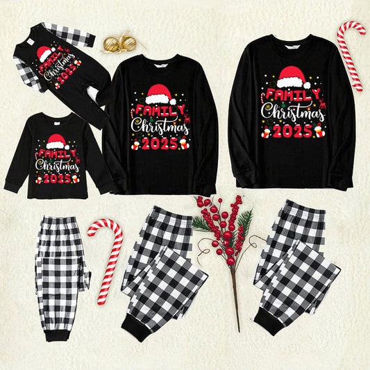 "2025 Family Christmas" Text and Christmas Pattern Black and White Plaid Family Matching Pajamas