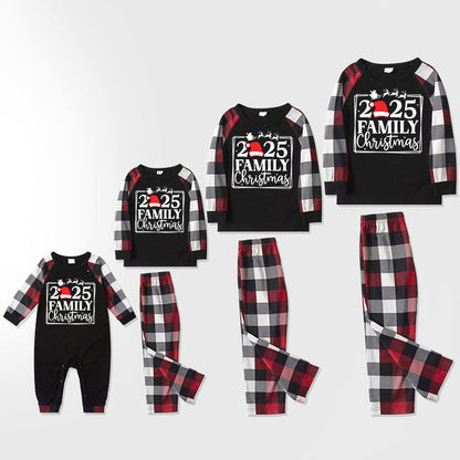 "2025 FAMILY CHRISTMAS " Text And Santa Hat Printed Pattern- Black Top with Red&Black&White Plaid Sleeves - Family Matching Pajamas
