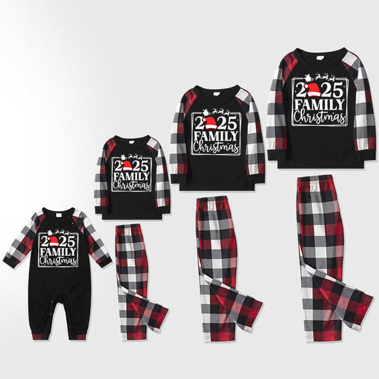 "2025 FAMILY CHRISTMAS " Text And Santa Hat Printed Pattern- Black Top with Red&Black&White Plaid Sleeves - Family Matching Pajamas