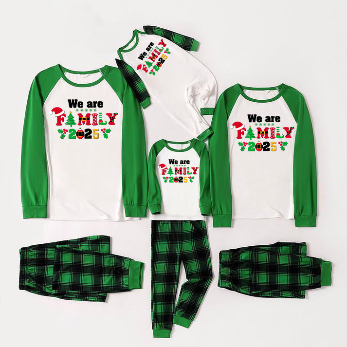 Christmas We are Family 2025 Letter Print Green Rotator Cuff Top With Green & Black Plaid Family Matching Pajamas