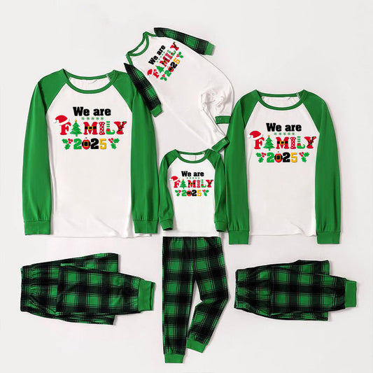Christmas We are Family 2025 Letter Print Green Rotator Cuff Top With Green & Black Plaid Family Matching Pajamas