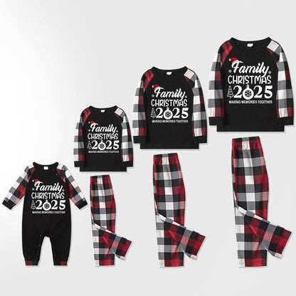 "FAMILY 2025CHRISTMAS  MAKING MEMORIES TOGETHER " Text And Santa Hat Printed Pattern- Black Top with Red&Black&White Plaid Sleeves - Family Matching Pajamas