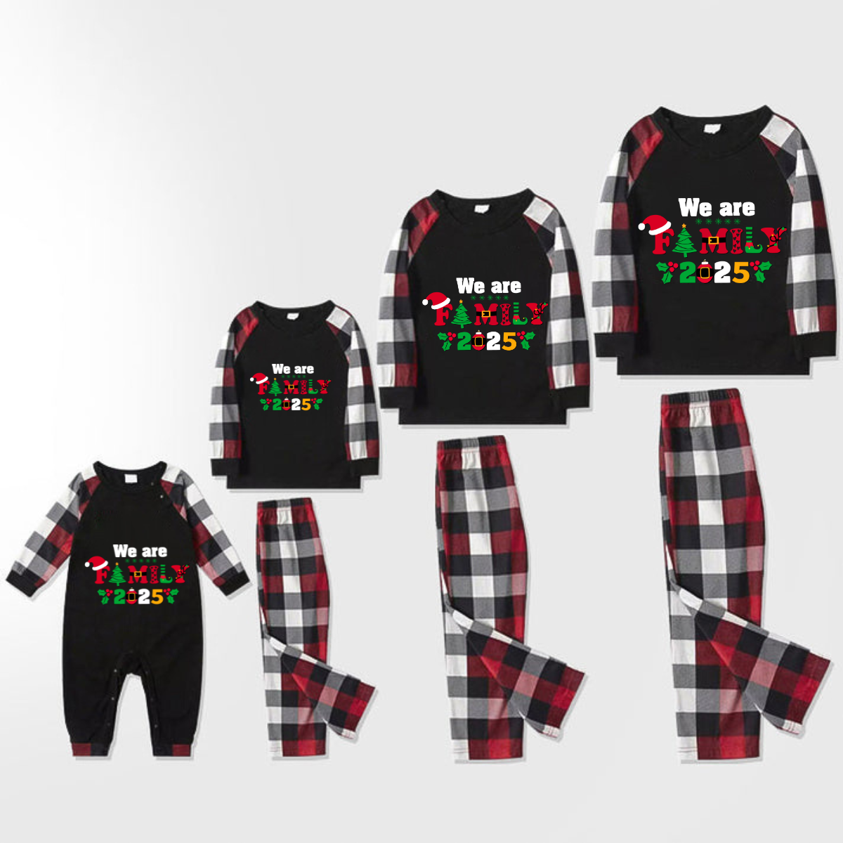 Christmas We are Family 2025 Letter Print Red & Black & Grey & White Plaid Family Matching Pajamas With Dog