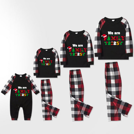Christmas We are Family 2025 Letter Print Red & Black & Grey & White Plaid Family Matching Pajamas With Dog