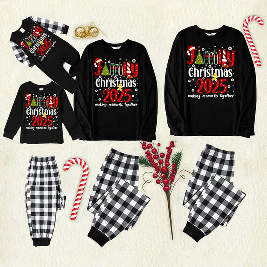 Cute "Family Christmas 2025" Text Print Black and White Plaid Family Matching Pajamas