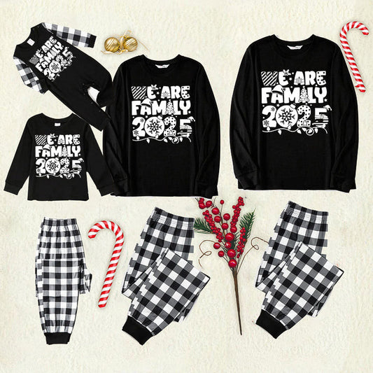 "We are Family 2025" White Letter Print Black Long Sleeve Top with Black And White Plaid Pants Family Matching Pajamas