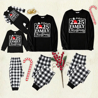 "2025 FAMILY CHRISTMAS" Text and Sleigh Pattern - Black Long Sleeve Top with Black And White Plaid Pants Family Matching Pajamas