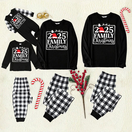 "2025 FAMILY CHRISTMAS" Text and Sleigh Pattern - Black Long Sleeve Top with Black And White Plaid Pants Family Matching Pajamas