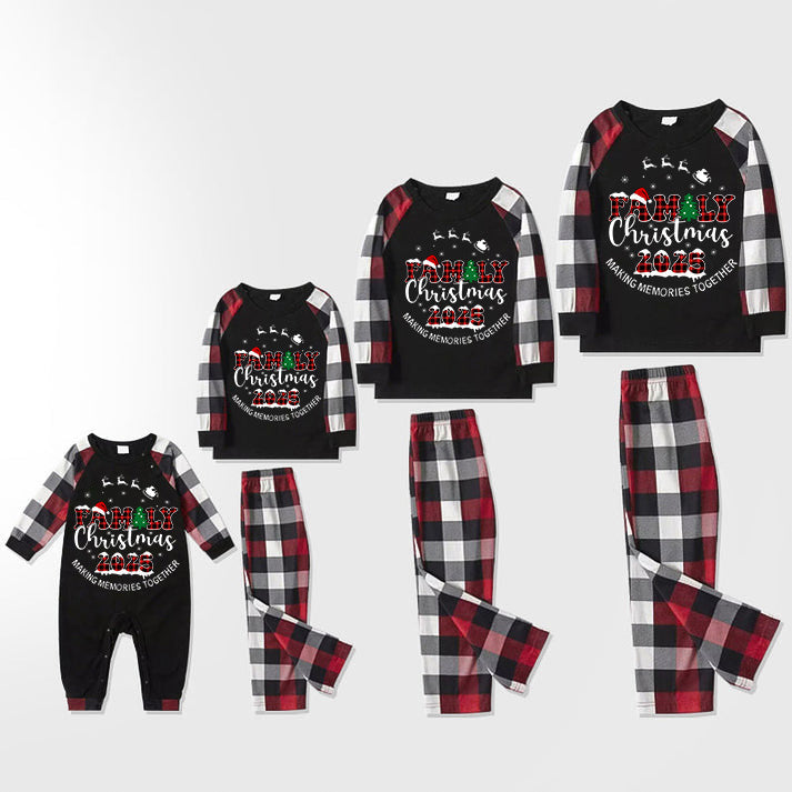 "FAMILY CHRISTMAS 2025" Text Printed and Santa Hat Pattern- Black Top with Red&Black&White Plaid Sleeves - Family Matching Pajamas
