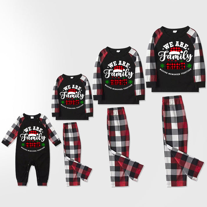 "We are Family2025" Santa Hat Monogram Print Letter Red & Black & Grey & White Plaid Family Matching Pajamas
