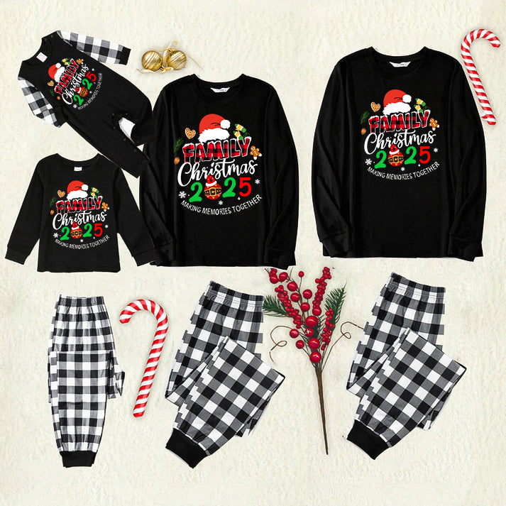 Family Christmas 2025 Making Memories Together Text Print Black Long Sleeve Top with Black And White Plaid Pants Family Matching Pajamas