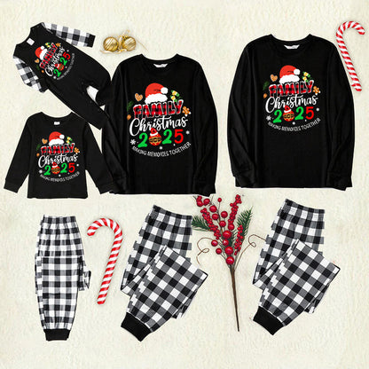 Family Christmas 2025 Making Memories Together Text Print Black Long Sleeve Top with Black And White Plaid Pants Family Matching Pajamas