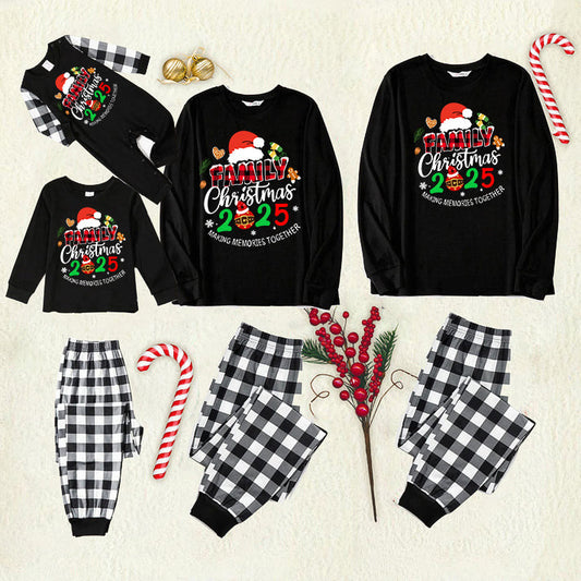 Family Christmas 2025 Making Memories Together Text Print Black Long Sleeve Top with Black And White Plaid Pants Family Matching Pajamas