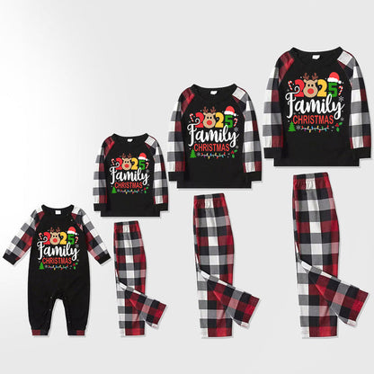 "2025 FAMILY CHRISTMAS " Colorful Text And Deer & Snowflake Printed Pattern - Black Top with Red&Black&White Plaid Sleeves - Family Matching Pajamas