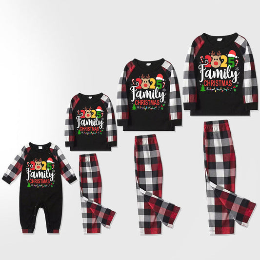 "2025 FAMILY CHRISTMAS " Colorful Text And Deer & Snowflake Printed Pattern - Black Top with Red&Black&White Plaid Sleeves - Family Matching Pajamas