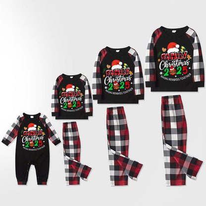 Santa Hat And "Family Christmas 2025 " Colorful Text Printed Pattern - Black Top with Red&Black&White Plaid Sleeves - Family Matching Pajamas