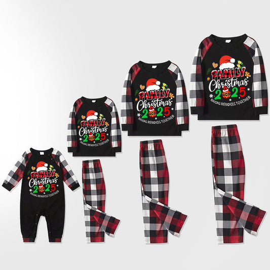 Santa Hat And "Family Christmas 2025 " Colorful Text Printed Pattern - Black Top with Red&Black&White Plaid Sleeves - Family Matching Pajamas