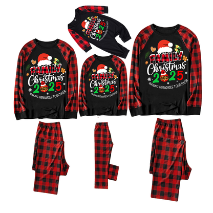Santa Hat and "2025 Family Christmas" Text Print Black & Red Plaid Christmas Matching Pajamas