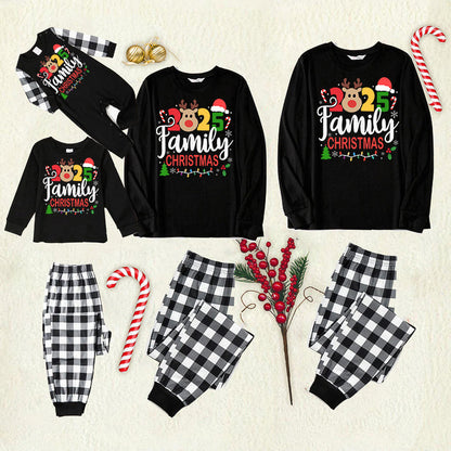 "Family Christmas 2025" Text and Deer Prints Black Long Sleeve Top with Black And White Plaid Pants Family Matching Pajamas