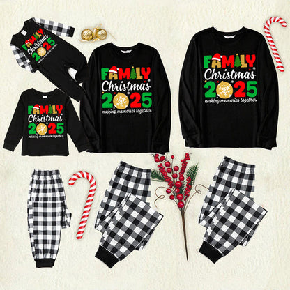 "Family Christmas 2025" Cute Text and Santa Hat Prints Black Long Sleeve Top with Black And White Plaid Pants Family Matching Pajamas