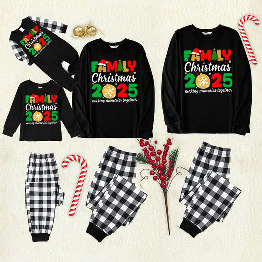 "Family Christmas 2025" Cute Text and Santa Hat Prints Black Long Sleeve Top with Black And White Plaid Pants Family Matching Pajamas