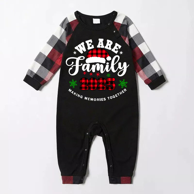 "We are Family2025" Santa Hat Monogram Print Letter Red & Black & Grey & White Plaid Family Matching Pajamas