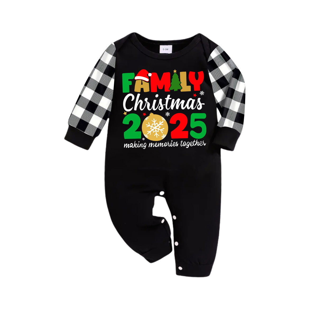 "Family Christmas 2025" Cute Text and Santa Hat Prints Black Long Sleeve Top with Black And White Plaid Pants Family Matching Pajamas