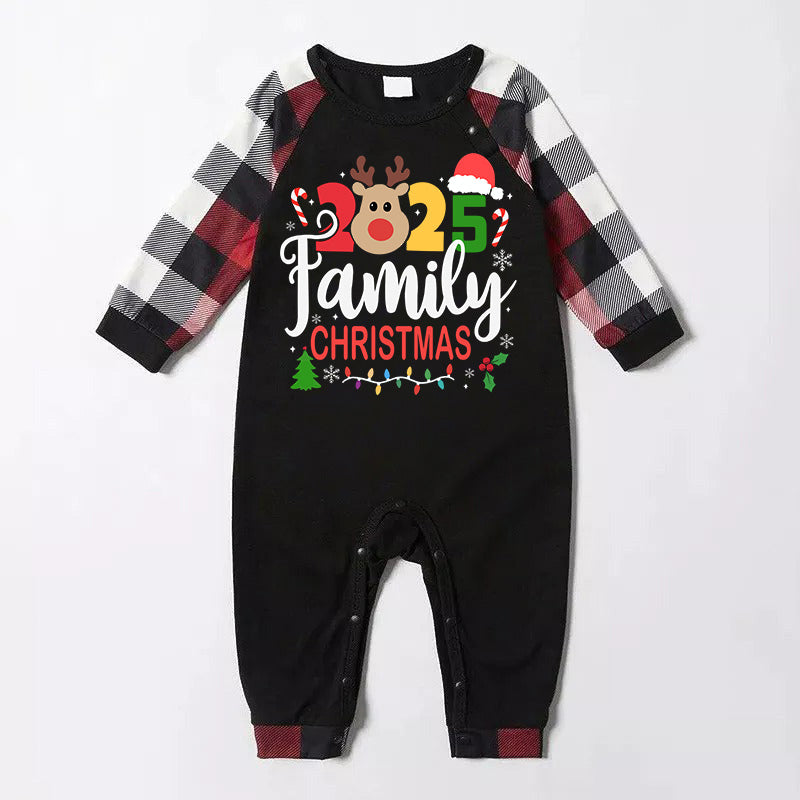 "2025 FAMILY CHRISTMAS " Colorful Text And Deer & Snowflake Printed Pattern - Black Top with Red&Black&White Plaid Sleeves - Family Matching Pajamas