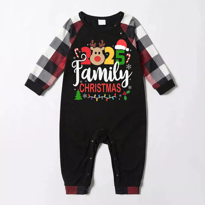 "2025 FAMILY CHRISTMAS " Colorful Text And Deer & Snowflake Printed Pattern - Black Top with Red&Black&White Plaid Sleeves - Family Matching Pajamas