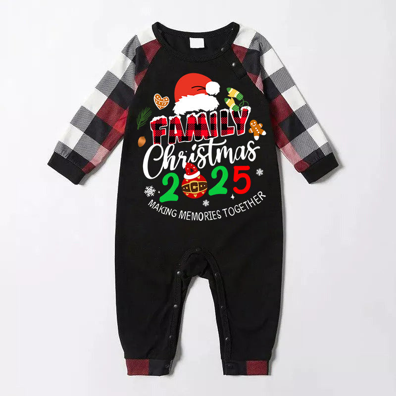 Santa Hat And "Family Christmas 2025 " Colorful Text Printed Pattern - Black Top with Red&Black&White Plaid Sleeves - Family Matching Pajamas