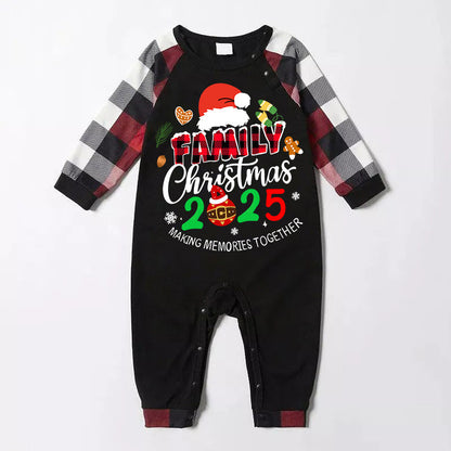 Santa Hat And "Family Christmas 2025 " Colorful Text Printed Pattern - Black Top with Red&Black&White Plaid Sleeves - Family Matching Pajamas