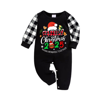 Family Christmas 2025 Making Memories Together Text Print Black Long Sleeve Top with Black And White Plaid Pants Family Matching Pajamas