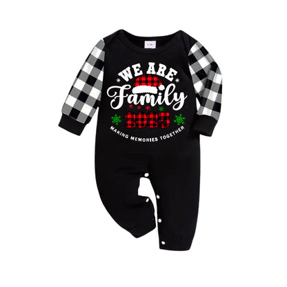 "We are Family2025" Santa Hat Monogram Print Black Long Sleeve Top with Black And White Plaid Pants Family Matching Pajamas
