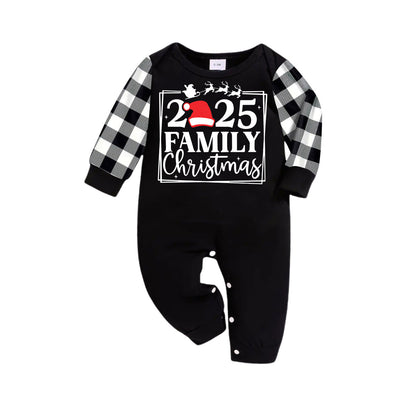 "2025 FAMILY CHRISTMAS" Text and Sleigh Pattern - Black Long Sleeve Top with Black And White Plaid Pants Family Matching Pajamas