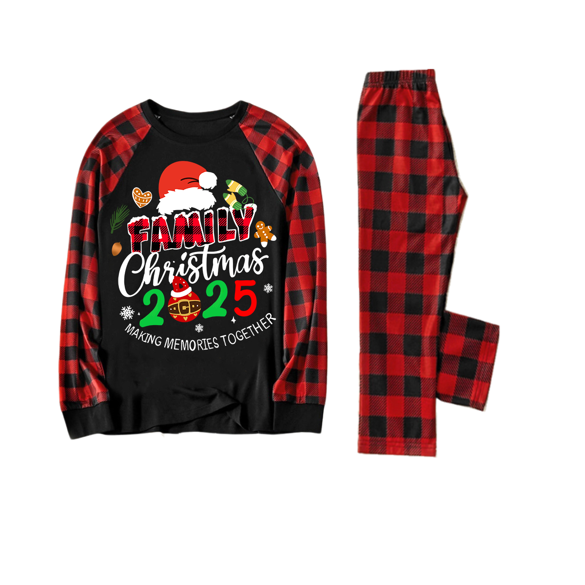 Santa Hat and "2025 Family Christmas" Text Print Black & Red Plaid Christmas Matching Pajamas