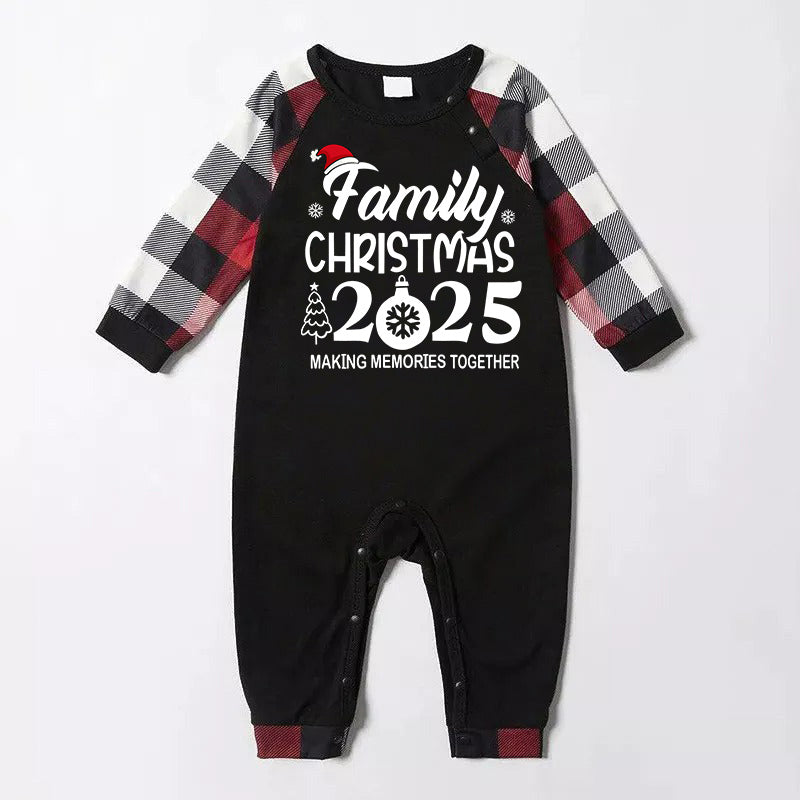 "FAMILY 2025CHRISTMAS  MAKING MEMORIES TOGETHER " Text And Santa Hat Printed Pattern- Black Top with Red&Black&White Plaid Sleeves - Family Matching Pajamas