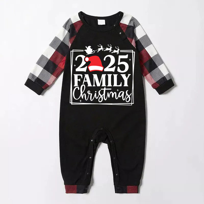 "2025 FAMILY CHRISTMAS " Text And Santa Hat Printed Pattern- Black Top with Red&Black&White Plaid Sleeves - Family Matching Pajamas