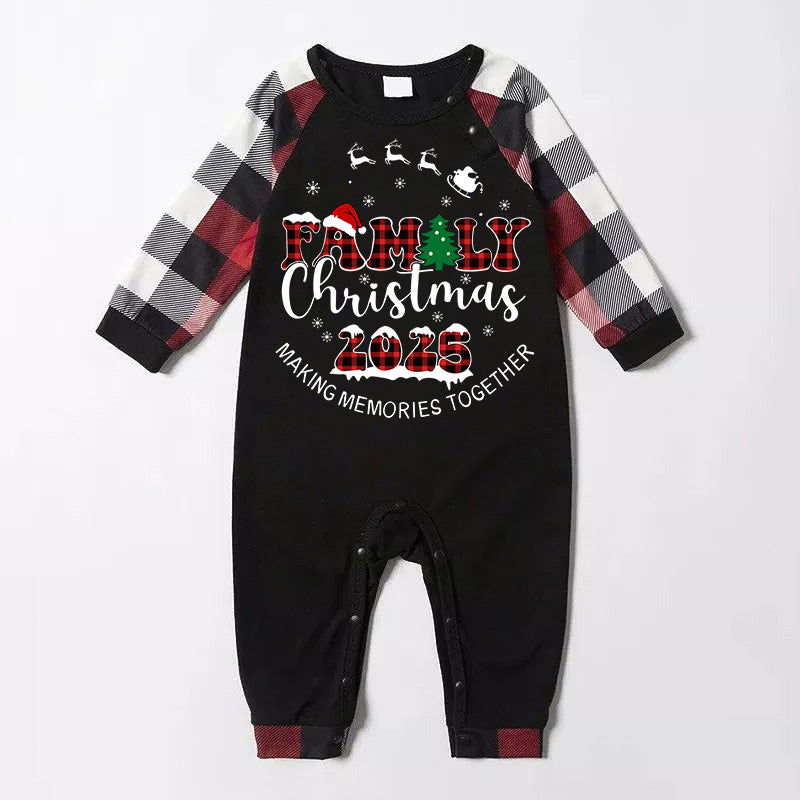 "FAMILY CHRISTMAS 2025" Text Printed and Santa Hat Pattern- Black Top with Red&Black&White Plaid Sleeves - Family Matching Pajamas