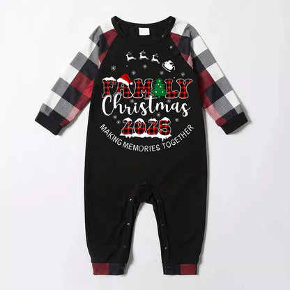 "FAMILY CHRISTMAS 2025" Text Printed and Santa Hat Pattern- Black Top with Red&Black&White Plaid Sleeves - Family Matching Pajamas