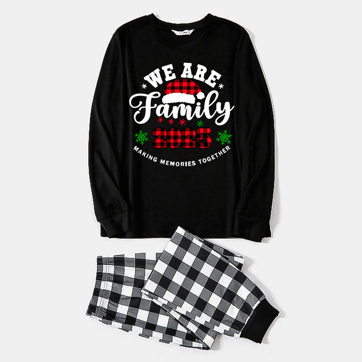 "We are Family2025" Santa Hat Monogram Print Black Long Sleeve Top with Black And White Plaid Pants Family Matching Pajamas