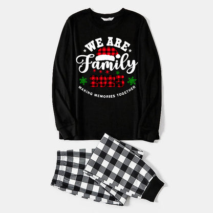 "We are Family2025" Santa Hat Monogram Print Black Long Sleeve Top with Black And White Plaid Pants Family Matching Pajamas