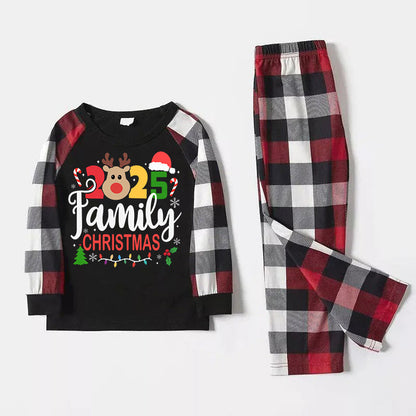 "2025 FAMILY CHRISTMAS " Colorful Text And Deer & Snowflake Printed Pattern - Black Top with Red&Black&White Plaid Sleeves - Family Matching Pajamas