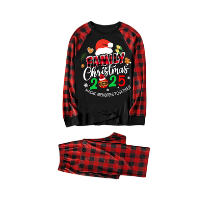 Santa Hat and "2025 Family Christmas" Text Print Black & Red Plaid Christmas Matching Pajamas
