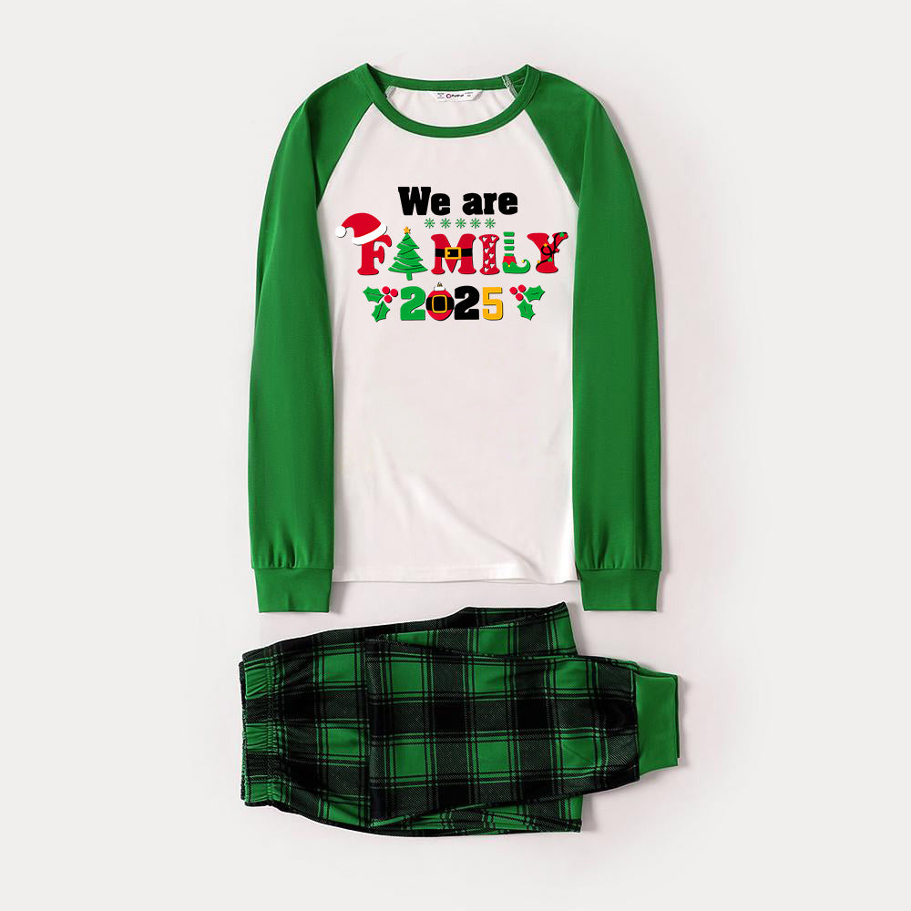 Christmas We are Family 2025 Letter Print Green Rotator Cuff Top With Green & Black Plaid Family Matching Pajamas