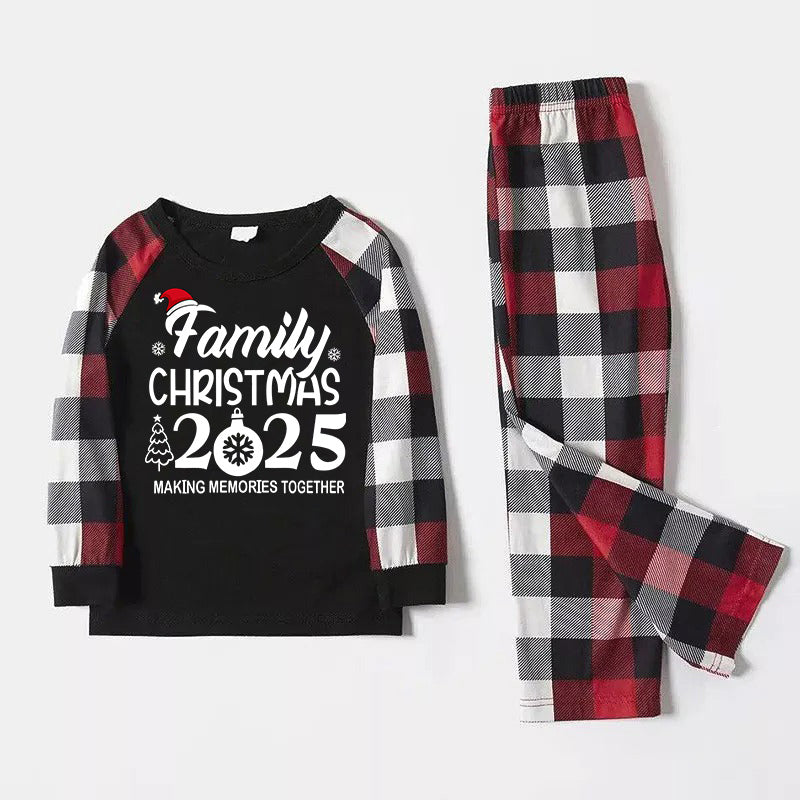 "FAMILY 2025CHRISTMAS  MAKING MEMORIES TOGETHER " Text And Santa Hat Printed Pattern- Black Top with Red&Black&White Plaid Sleeves - Family Matching Pajamas