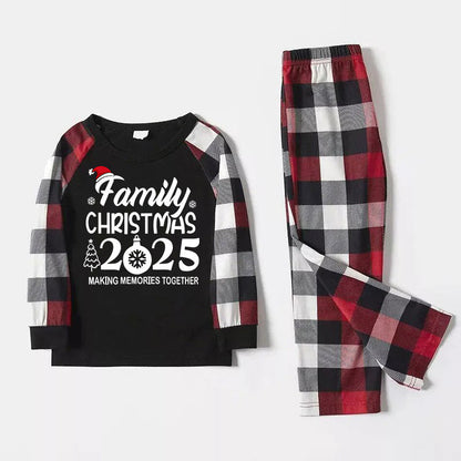 "FAMILY 2025CHRISTMAS  MAKING MEMORIES TOGETHER " Text And Santa Hat Printed Pattern- Black Top with Red&Black&White Plaid Sleeves - Family Matching Pajamas